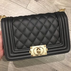 Quilted Faux Leather Black Bag with Gold Hardware